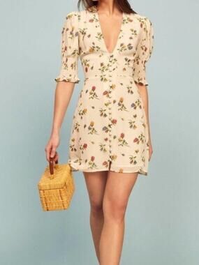 Reformation Alison Mini Dress Noemi Cream Floral Puff Sleeve NWT Sz 6